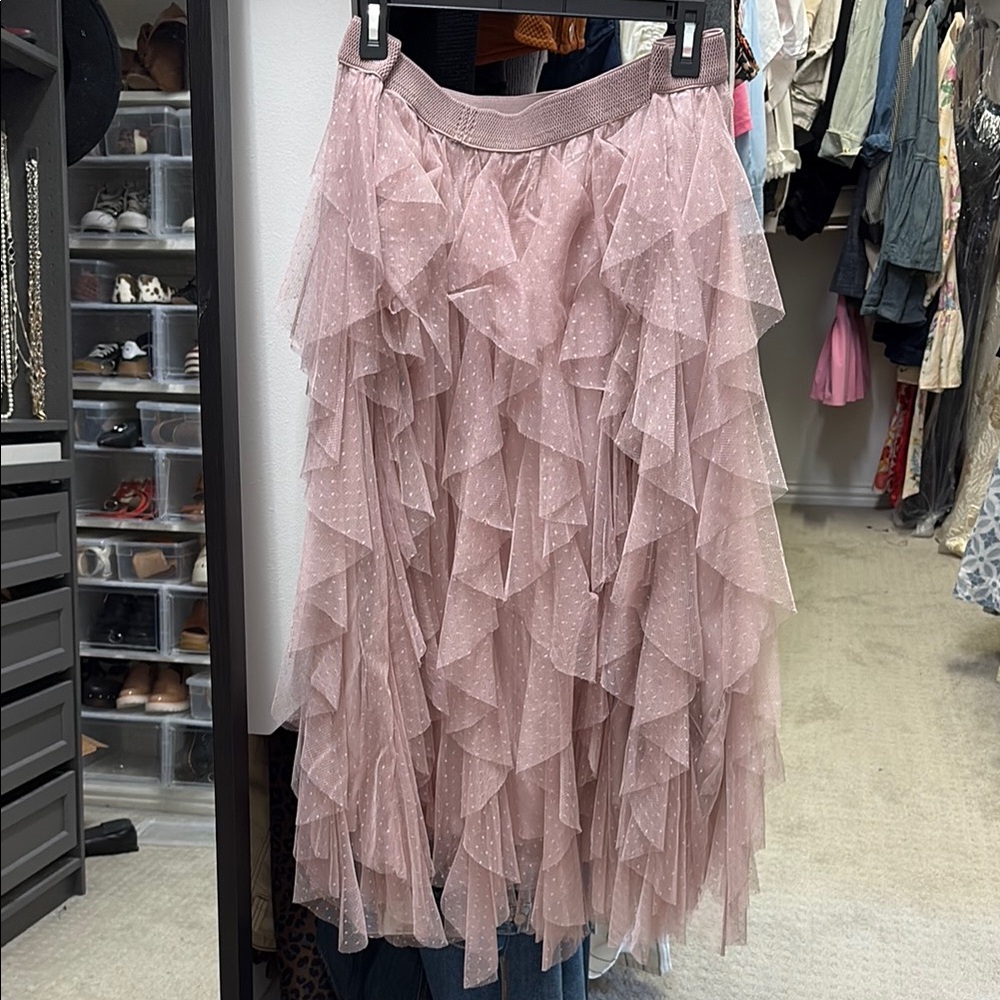 Anthropologie Blush Tiered Ruffle Midi Skirt